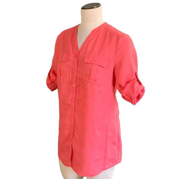 Nicole Miller Original Sz M Linen Button Front Blouse Roll Tab Coral Pink 200C - Picture 4 of 8